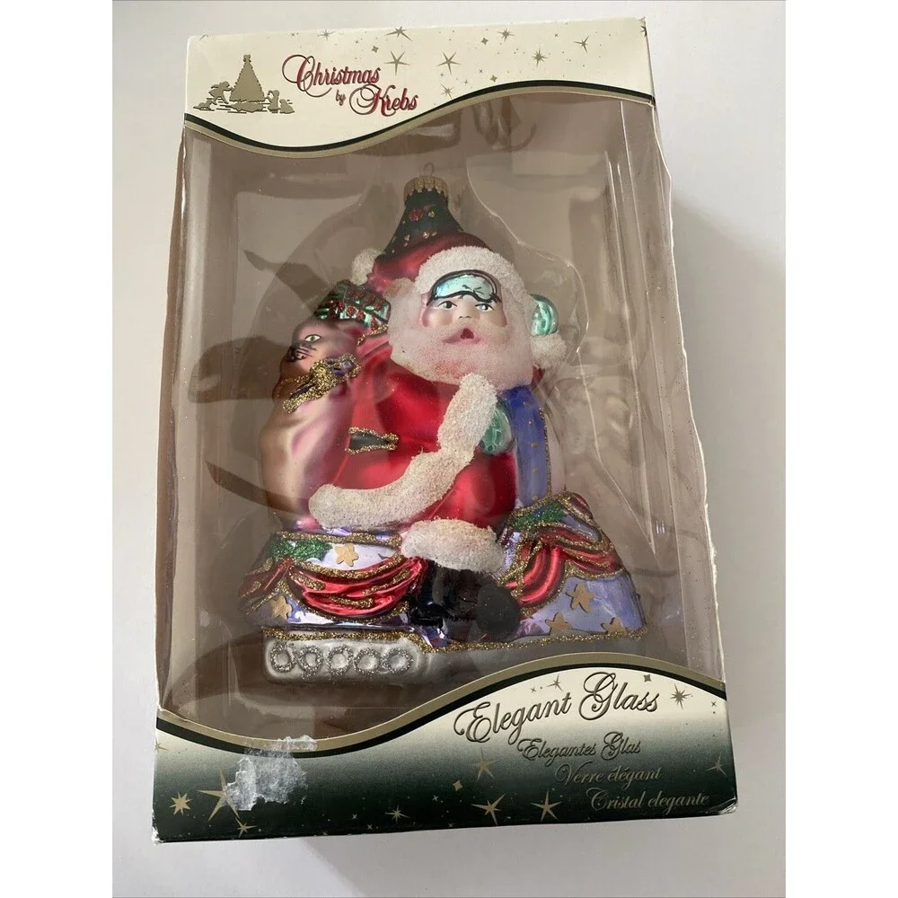 KREBS Lauscha Glas Santa On Snowmobile With Cat Christmas Ornament Original Box